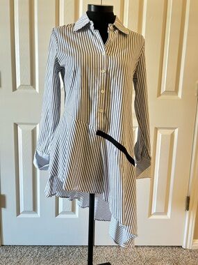 Athena Marie Striped Asymmetric Button-Down Dress - Navy /White. Size S.
